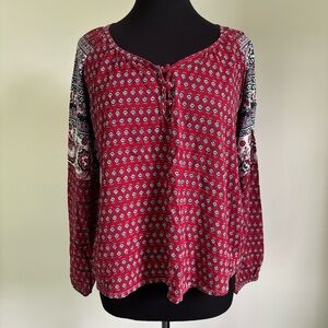 Behind the Seams Red and White Block Print Boho Long Sleeve Top